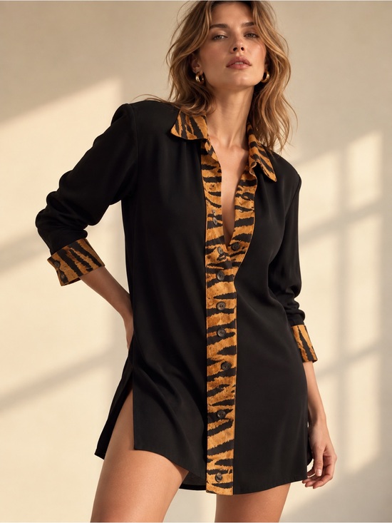 Vintage Dresses & Skirts - ‘80s Silk Crêpe Tiger Trim Tunic Mini Dress